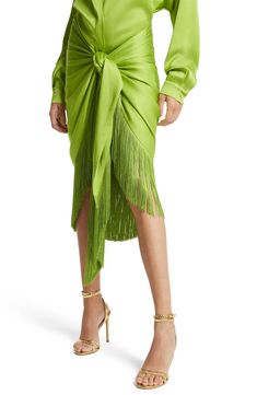 Michael Kors Collection Fringe Charmeuse Sarong Wrap Skirt | Nordstrom Sarong Skirt Outfit, Tulip Silhouette, Sarong Wrap Skirt, Pareo Sarong, Lace Maxi Skirt, Sarong Wrap, Sarong Skirt, Maxi Lace Skirt, Fringe Skirt