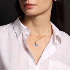 Moon shaped necklace for women - Blue gemstones collection Gifts for Her - Lapis Lazuli, Blue Opal, Blue Chalcedony, Howlite, Dendrite Opal Available stones: (select from drop down menu) 1) Lapis Lazuli 2) Blue Opal 3) Blue Chalcedony 4) Howlite 5) Dendrite Opal Pendant: 17Hx9Wx4Dmm (due to the nature of the genuine raw gemstones, all stones are different so the size is approximate and the one you receive might be slightly smaller or bigger) Chain: 16-18 inches adjustable chain. (can be clasped Dainty Blue Jewelry With Moon Charm, Dainty Blue Moon Charm Jewelry, Dainty Blue Round Pendant Necklace, Blue Dainty Round Pendant Necklace, Elegant Blue Jewelry With Moon Charm, Minimalist Blue Clavicle Chain Necklace, Elegant Blue Moon-shaped Jewelry, Blue Celestial Necklace With Moon Charm, Blue Moon Charm Pendant Necklace