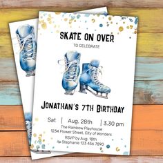 a skate birthday party card with blue roller skates