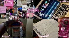 a collage of photos with the words after school night routine written on them and pictures of laptops