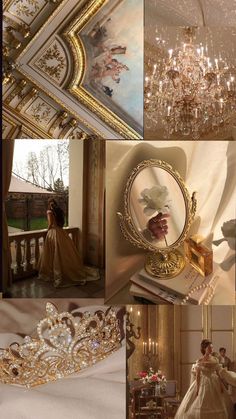 a collage of photos with gold and white decor, including a chandelier