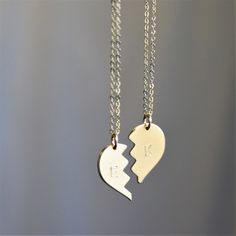 "Necklaces for Women, Split Heart The perfect gift for her, our heart necklace comes in silver and gold options. Keep one half and give one to your sister, mom, daughter or best friend to remind them everyday how special they are! Hand stamped just for you with your special word! D E T A I L S -Set of two necklaces, each is adorned with a half of the heart. -Complete heart measures 19mm -Choose 14kt gold filled or sterling silver option -Chain and disc are 14kt gold filled or sterling silver - n Moms Best Friend, Silver Sisters, Bff Necklaces, Couple Necklaces, Best Friend Necklaces, Friendship Necklaces, Friend Necklaces, Gold Initial, Perfect Gift For Her