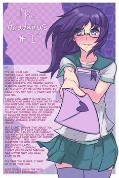 an anime character with purple hair and glasses, holding a book in her hand while standing next