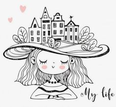 a drawing of a girl wearing a hat with her eyes closed and the words my life written on it