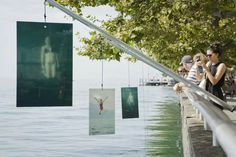 people standing on the side of a body of water next to trees and hanging pictures