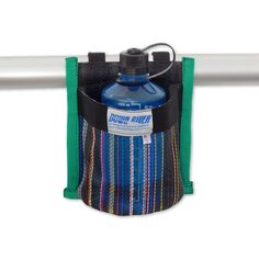 a blue water bottle hanging from a metal bar with a green strap around it's neck