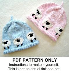 two knitted hats with black and white sheep on them