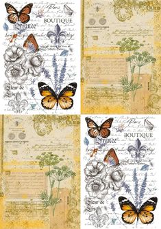 butterflies and flowers are shown on two different papers