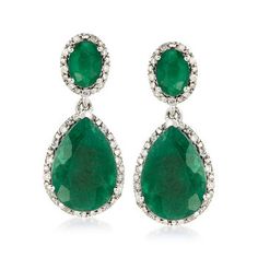 Ross-Simons - 10.50ct t.w. Emerald, .35ct t.w. Diamond Drop Earrings in Silver. The illumination of .35 ct. t.w. diamonds makes these gemstones even brighter. Our drop earrings showcase 10.50 ct. t.w. pear-shaped and oval emeralds in a dramatic display of rich color and shine. Set in sterling silver. Hanging length is 7/8". Post/clutch, diamond and emerald drop earrings.  Emerald birthstones are the perfect gift for May birthdays. Formal Pear-shaped Pave Setting Earrings, Formal Pear-shaped Earrings With Pave Setting, Formal Pear-shaped Pave Earrings, Emerald Drop Earrings, Blue Topaz Pendant Necklace, Emerald Earrings Drop, Opal Drop Earrings, Emerald Earrings Studs, Emerald Bracelet