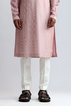 Old rose chanderi kurta with thread embroidery. Comes with pant. - Aza Fashions Luxury Embroidered Chinon Kurta, Unstitched Embroidered Chinon Kurta, Pink Chikankari Embroidery Pants For Eid, Pink Resham Embroidered Cambric Kurta, Unstitched Embroidered Pink Kurta, Pink Embroidered Bohemian Kurta, Pink Men, Pants Pattern, Mandarin Collar