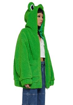 cuz you’re leaping towards excellence. This jacket has a sherpa construction, a hood with frog eyes, front pockets and front zipper closure. Frog Eyes, Dolls Kill Outfits, Frog Eye, Sherpa Hoodie, Golden Trio, Hoodie Green, Sherpa Jacket, Green Jacket, Y2k Fashion