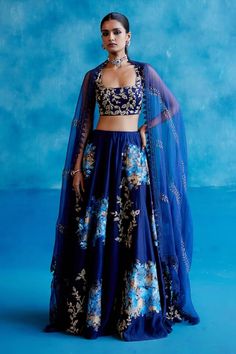 Navy blue silk chanderi attached cancan lehenga featuring floral hand-painting and zari embroidery. Paired with a matching zari embroidered blouse and a sheer silk organza laced dupatta. - Aza Fashions Fashion Course, Cape Lehenga, Cancan Lehenga, Kurta Lehenga, Lehenga Pattern, Zari Embroidery, Fashion Courses, Lehenga Skirt, Embroidered Lehenga