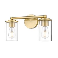 two light brass bathroom fixture with clear glass shades