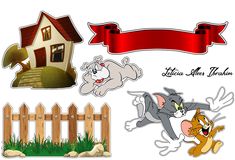 various stickers that include cats and dogs in front of a house with a red ribbon