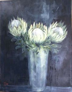 a painting of white flowers in a glass vase