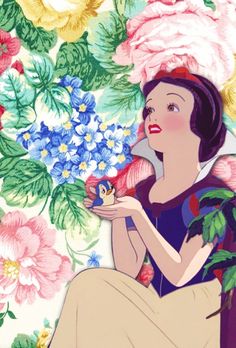 snow white and the seven dwarfs with flowers in her hair, sitting on a bench