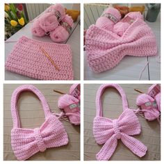 crocheted pink purses and hats are being worked on by the knitter