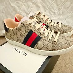 Gently Worn Gucci Logo Sneakers! Sneakers Are In Perfect Condition Except Small Blemishes On The Bottom Some From Wear (3x). Sneakers Come With Original Packaging: Dust Bags, Tissues Inserts, Gucci Tongue Saver, Gucci Cards And Additional Shoelaces. These Shoes Absolutely Need Someone Who Can Love Them And Wear Them Often To Show Them Off Designer Gucci Custom Sneakers With Round Toe, Gucci Custom Sneakers With Round Toe And Laces, Gucci Casual Custom Sneakers With Round Toe, Luxury Custom Low-top Sneakers With Cushioned Footbed, Luxury Low-top Custom Sneakers With Cushioned Footbed, Casual Gucci Sneakers With Embroidered Logo, Casual Custom Gucci Sneakers With Logo, Gucci Casual Slip-on Sneakers, Designer Gucci Lace-up Custom Sneakers