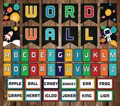 the word wall is made up of colorful letters, numbers and space related objects on wooden planks