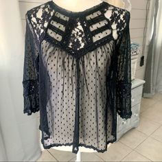 Free People Boho Style Blouse. Sheer Lace And Swiss Dot Black Nwot! Unable To Find Size Tag; Measurements: Approximately 18”Armpit To Armpit 21”L Super Cute And Modern Style! Black Swiss Dot Blouse For Spring, Chic Black Swiss Dot Top, Swiss Dot Blouse, Free People Boho, Style Blouse, Swiss Dot, Free People Black, Sheer Lace, Free People Tops