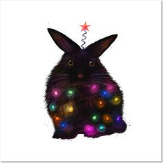 a black bunny rabbit with christmas lights on its ears and nose, sitting in front of a white background