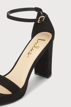 There's nothing you'll love more than how you look in the Lulus Kinsella Black Suede Platform Ankle Strap High Heels! These essential heels have a soft faux suede composition that shapes an almond-shaped toe bed (atop a 0.50"" toe platform) and a slender toe strap. A sturdy heel cup supports a matching adjustable ankle strap that secures with a shiny gold buckle, all atop an eye-catching block heel. 3. 75" wrapped block heel. Cushioned insole. Upper Material: Fabric. Sole Material: TPR. Rubber s Suede Block Heel Sandals For Night Out, Suede Sandals With Block Heel For Night Out, Suede Block Heels With Padded Heel For Party, Evening Suede Heels With Stacked Heel, Suede Heels With Stacked Heel For Night Out, Suede Block Heel Heels For Night Out, Suede Block Heel Shoes For Night Out, Suede Ankle Strap Heels For Night Out, Suede Heels With Ankle Strap For Night Out