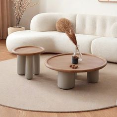 a living room with white couches and round coffee table in the middle, on top of a beige rug