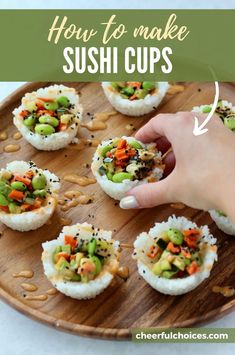 how to make sushi cups on a wooden platter with cashews and peanuts