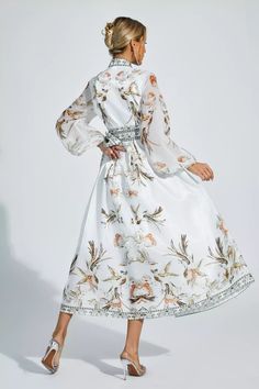 Elegant Spring Maxi Dress With Belt, Belted Long Sleeve Dress For Garden Party, Long Sleeve Belted Dress For Garden Party, Chic Belted Maxi Dress For Garden Party, Chic Spring Dress With Sashes, Chic Spring Dresses With Sashes, Spring Floral Belted Dress, Spring Party Midi Dress With Belt, Elegant Wrap Dress With Floral Print And Surplice Neckline