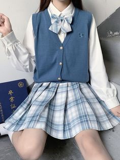 Sakura Dream JK Uniform V Neck Knit Vests-ntbhshop Student Uniform Aesthetic, Blue Uniform, Blue School Uniform, High School Uniform, School Uniform Fashion, School Uniform Outfits, Blue Mini Skirt, Blue Vests, Uniform Fashion