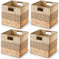 set of four woven storage baskets with handles for home decor or office use, natural color