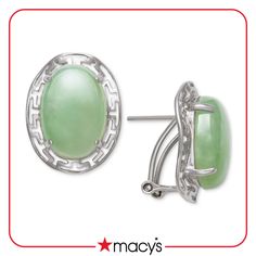 Ultra-elegant oval-shape dyed jade  (10 x 14mm) are wrapped in greek key frames in these beautiful sterling silver drop earrings. Approximate drop: 1/2". Classic Oval Jewelry From Macy's, Elegant Oval Clip-on Jewelry, Classic Oval Cabochon Clip-on Earrings, Macy's Oval Earrings For Formal Occasions, Macy's Fine Jewelry Oval Shape, Elegant Green Oval Clip-on Earrings, Classic Oval Clip-on Earrings With Polished Finish, Macy's Oval Sterling Silver Jewelry, Oval Jewelry For Anniversary From Macy's