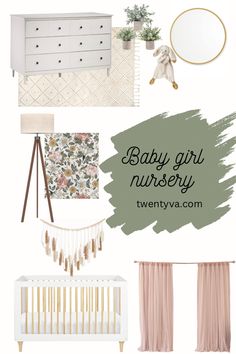 a baby girl nursery room with pink and green accents, white crib bedding, dresser