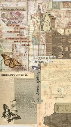 altered collage with words and pictures on it's side, including an image of a butterfly