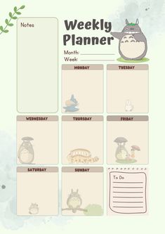 a weekly planner with totoro and other animals on it's side, including the