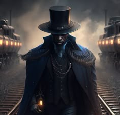 a man in a top hat and coat walking on train tracks