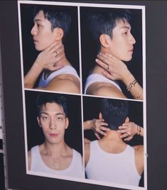 multiple images of a man with his hands on his neck and shoulder, in four different ways