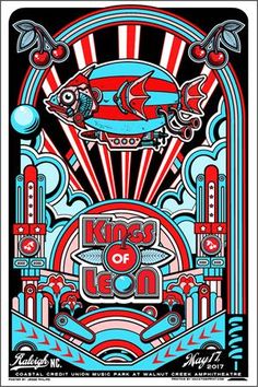 the king of leon poster is shown in red, white and blue with an image of a