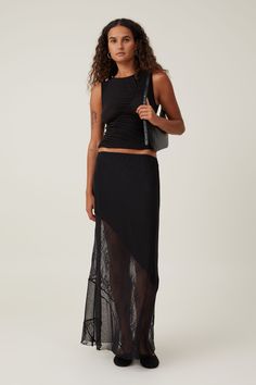 Lace Panel Maxi Skirt Black Maxi Skirt Outfit, Maxi Skirt Outfit, Sheer Maxi Skirt, Work Fits, Black Lace Skirt, Tv Girl, Lace Tights, Black Maxi Skirt, Fits Inspo