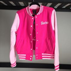 Barbie | Jackets & Coats | New Barbie Embroidered Girls Varisty Jacket | Poshmark Barbie Letterman Jacket, Trendy Long Sleeve Outerwear With Embroidered Logo, Pink Sporty Varsity Jacket For Spring, Sporty Pink Varsity Jacket For Spring, Pink Long Sleeve Outerwear With Letter Print, Trendy Cotton Varsity Jacket For School, Trendy Pink Embroidered Outerwear, Pink Letter Print Outerwear For Spring, Pink Varsity Long Sleeve Outerwear