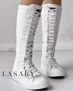 Lasaky - Premium Canvas Side-Zip Lace-Up Boots on offer High-top Boots With Front Lace-up For Spring, Trendy Flat Heel Boots With Laces, Casual Lace-up Boots With Zipper And Round Toe, Casual Ankle-high Lace-up Boots With Zipper, White Lace-up Boots With Round Toe, High-top Laced Boots For Spring, Ankle-high Lace-up Boots With Zipper Closure For Spring, Casual Knee-high Boots With Laces, Casual Boots With Zipper And Flat Heel