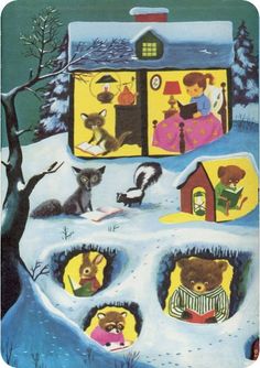 an image of children's book cover with animals in the snow and onlookers