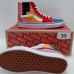 Cod / 35 Description: 100% New Vans Skate Board Shoes Sk8-Hi Unisex Style Number: Vnoa38gevmf Color: / Multi Color Gender: / Unisex Size: Unisex / Us / Men 4.5/ Women 6 Lace Closure Rubber Sole Imported Fast Shipping Shipping By Usps Multicolor High-top Leather Skate Shoes, Multicolor Leather High-top Skate Shoes, Multicolor Round Toe Skate Shoes For Spring, Multicolor Skate Shoes With Rubber Waffle Outsoles, Retro Color Block Sneakers, Multicolor Mid-top Skate Shoes With Branded Insole, Multicolor Skate Shoes With Rubber Sole For Spring, Multicolor Rubber Sole Skate Shoes For Spring, Retro Multicolor Lace-up High-top Sneakers