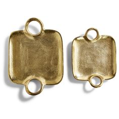 two gold plated metal square charms with loop ends on each side, one in the shape of a rectangle