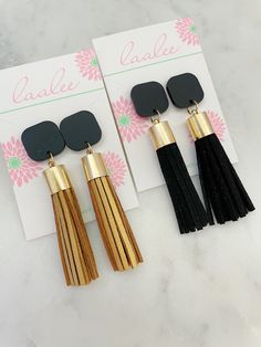 "Perfect for any occasion, these fun statement tassel earrings are a must! Measures approximately 2.75\" in length. Comes in 2 options: black/gold and black/black. Choose option in drop down! Giftbox included!" Black Fringe Tassel Drop Earrings, Black Fringe Drop Earrings, Black Dangle Tassel Jewelry, Black Dangle Jewelry With Tassels, Black Dangle Tassel Earrings For Party, Black Tassel Drop Earrings, Black Fringe Dangle Earrings, Trendy Black Fringe Jewelry, Chic Black Earrings With Fringe