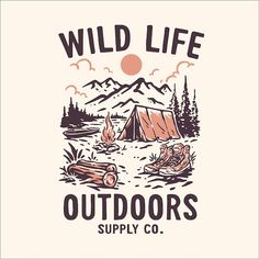 the logo for wild life outdoors supply co, which is located in an area with mountains and