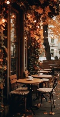 an outdoor cafe with tables and chairs covered in leaves