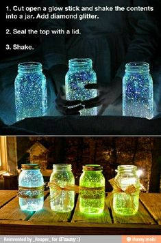 three jars with glowing stars in them