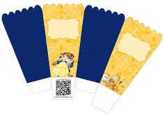 the beauty and the beast party favors are shown in blue, yellow and white paper