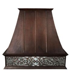 an old fashioned copper range hood with intricate designs on the front and sides, against a white background